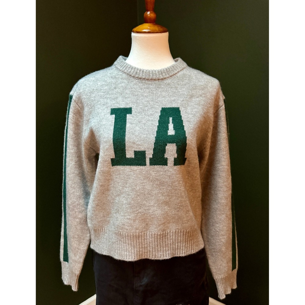 NWT Arden B. LA Graphic Gray Crew Neck Striped Sleeve Sweater Pullover Women's S
